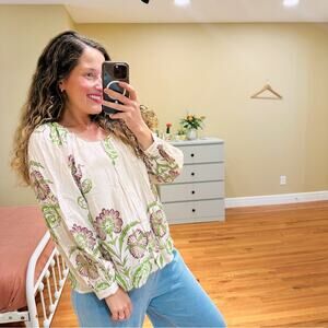 Emerson Fry India Collection Cream Floral Button Front Long Sleeve Blouse Top M